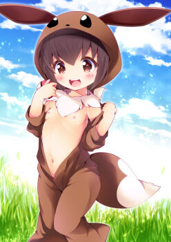 1girl :d blue_sky blush breasts brown_eyes brown_hair cloud cloudy_sky commentary_request cosplay day eevee eevee_(cosplay) eevee_ears eevee_tail enjoy_mix fake_tail female_focus gen_1_pokemon grass hair_between_eyes hands_up loli long_sleeves looking_at_viewer navel nintendo nipples off_shoulder open_mouth outdoors poke_kid_(pokemon) pokemon pokemon_swsh pokemon_tail sky small_breasts smile solo tail teeth upper_teeth_only