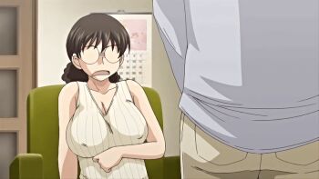1boy 1girl 2020 20s age_difference animated animated_gif breasts curly_hair glasses hitozuma_mitsu_to_niku housewife implied_masturbation large_breasts mature_female nipple_stimulation_through_clothes no_eyes obasan_(hitozuma_mitsu_to_niku) older_female_and_younger_male open_mouth ponytail queen_bee_(animation_studio) surprised tagme vest yukio_(hitozuma_mitsu_to_niku)
