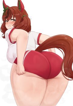 1girl absurdres animal_ears ass ass_focus bent_over blush bow breasts brikot brown_hair brown_tail buruma commentary ear_covers ear_ribbon flying_sweatdrops from_behind green_ribbon gym_shirt highres horse_ears horse_girl horse_tail huge_ass large_breasts long_hair looking_at_viewer looking_back multicolored_hair nice_nature_(umamusume) red_buruma ribbon shirt short_sleeves simple_background solo streaked_hair tail thick_thighs thighs twintails umamusume white_background white_shirt