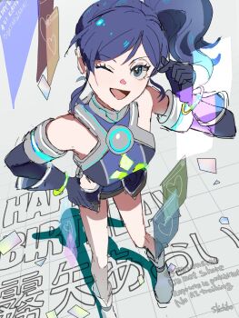 1girl ;d aikatsu! aikatsu!_(series) bare_shoulders black_gloves blue_dress blue_eyes blue_hair boots bracelet breasts character_name commentary_request dress elbow_gloves full_body gloves grey_background hand_on_own_hip happy_birthday jewelry kiriya_aoi long_hair looking_at_viewer medium_breasts one_eye_closed open_mouth retrofuturism shichiko_(kerori) short_dress side_ponytail sleeveless sleeveless_dress smile solo