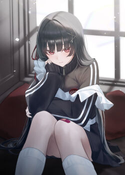 Rule 34 | 1girl, absurdres, alternate costume, apron, bandaid, bandaid on knee, bandaid on leg, black jacket, chisa (wuthering waves), closed mouth, commentary, hair ribbon, hand up, highres, indoors, jacket, jersey, jersey maid, knees up, looking at viewer, maid, mole, mole under eye, red eyes, red ribbon, ribbon, sitting, solo, unconventional maid, wama, wuthering waves