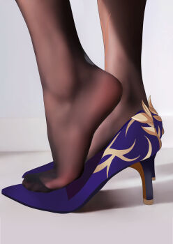 Rule 34 | 1girl, absurdres, black pantyhose, blue footwear, close-up, feet, foot focus, genshin impact, grey background, heel up, high heels, highres, keqing (genshin impact), legs, lower body, no shoes, pantyhose, purple footwear, shadow, shoes, simple background, single shoe, soles, solo, standing, stiletto heels, sym., tiptoes, toes
