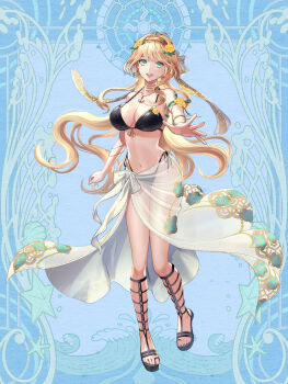 1girl :d anchor_necklace arm_ribbon bikini black_bikini blonde_hair blue_background bracelet breasts dairoku_ryouhei elizabeth_knights flower full_body green_eyes hair_flower hair_ornament highres jewelry kansai_takeru long_hair looking_at_viewer medium_breasts navel necklace open_mouth ribbon sandals see-through_clothes see-through_skirt side-tie_bikini_bottom skirt smile solo standing swimsuit very_long_hair