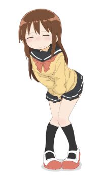 1girl between_legs black_socks blue_sailor_collar blue_skirt blush bowtie brown_hair embarrassed female_focus full_body hand_between_legs have_to_pee kneehighs knees_together_feet_apart leaning_forward long_hair miniskirt nose_blush original own_hands_together pigeon-toed pleated_skirt ponnu_(tnpn2yw) red_bow red_bowtie red_shoes sailor_collar shoes sidelocks simple_background skirt socks solo standing sweater tears v_arms white_background yellow_sweater