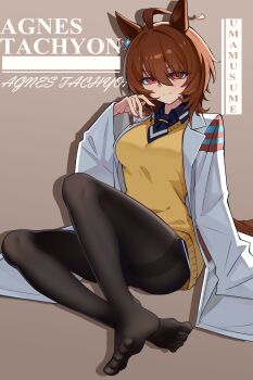 1girl absurdres agnes_tachyon_(tach-nology)_(umamusume) agnes_tachyon_(umamusume) ahoge animal_ears black_pantyhose blush brown_hair closed_mouth coat earrings hair_between_eyes heizi highres horse_ears horse_girl horse_tail huge_ahoge jewelry lab_coat long_hair long_sleeves looking_at_viewer necktie pantyhose red_eyes shirt short_necktie single_earring sleeves_past_fingers sleeves_past_wrists smile solo sweater sweater_vest tail umamusume white_coat wolf_cut yellow_sweater yellow_sweater_vest