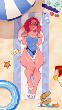 1girl alt_text animal_ears beach beach_towel beach_umbrella blue_eyes blue_one-piece_swimsuit bottle breasts bucket commentary covering_privates dated english_commentary from_above full_body furry furry_female highres holding holding_unworn_clothes ice keiron_white knee_up looking_at_viewer lying on_back one-piece_swimsuit original pink_hair rabbit_ears rabbit_girl sand sandals solo sunglasses swim_ring swimsuit towel umbrella unworn_eyewear unworn_swimsuit
