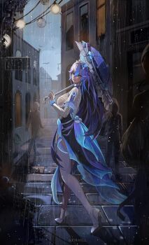 1girl absurdres asymmetrical_legwear bird blue_eyes breasts building cantarella_(wuthering_waves) commentary dress english_commentary facial_mark flower full_body hair_flower hair_ornament headdress high_heels highres holding holding_umbrella large_breasts legs looking_at_viewer mark_under_eye outdoors purple_hair purple_umbrella rain shrug_(clothing) single_thighhigh solo_focus standing thighhighs umbrella uneven_legwear white_dress white_shrug wuthering_waves z1raell