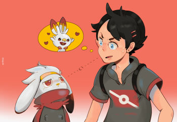 1boy absurdres black_hair blue_eyes fang gen_8_pokemon goh_(pokemon) heart highres male_focus nintendo open_mouth pokemon pokemon_(anime) pokemon_(creature) pokemon_journeys raboot red_eyes scorbunny smile white_hair yracyrac