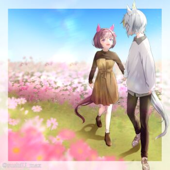 2girls :d absurdres alternate_costume animal_ears ankle_boots black_pants black_shirt blue_sky blunt_bangs blurry blurry_background blurry_foreground boots border bow brown_boots brown_hair brown_shoes casual commentary_request cross-laced_shoes dress ear_covers ear_ribbon field flower flower_field flower_hairclip from_side full_body grass grey_hair hair_ornament hairband hairclip highres holding_hands horse_ears horse_girl horse_tail houndstooth kadokura_(sushiu_max) long_sleeves looking_at_another medium_dress multiple_girls nishino_flower_(umamusume) open_mouth outside_border pants pink_eyes pink_flower pink_hairband pink_ribbon ribbon seiun_sky_(umamusume) shadow shirt shirt_under_sweater shoes short_hair sidelighting single_ear_cover sky sleeves_past_wrists smile socks straight-on tail transparent_border twitter_username umamusume waist_bow walking white_shirt white_socks yellow_bow yellow_dress