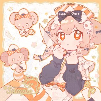 Rule 34 | 1girl, apron, black dress, blue bow, blush, border, bow, braid, brown hair, closed mouth, commentary, double-parted bangs, dress, fanqiealxe, feet out of frame, hair between eyes, hair bow, hat, highres, holding, holding knife, knees up, knife, long hair, long sleeves, looking at viewer, orange border, orange bow, orange eyes, orange hat, orange thighhighs, original, outside border, sitting, solo, star-shaped pupils, star (symbol), striped bow, striped clothes, striped headwear, striped thighhighs, symbol-only commentary, symbol-shaped pupils, thighhighs, twin braids, white apron, white background