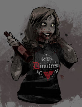 1girl black_choker black_lips black_nails black_shirt blouse bottle choker colored_skin contemporary daniela_dimitrescu detached_sleeves facial_mark fangs fingernails fishnet_sleeves fishnets forehead_mark grey_hair grey_skin grin holding holding_bottle long_hair looking_at_viewer nail_polish print_shirt product_placement resident_evil resident_evil_village shirt smile t-shirt vashperado wine_bottle yellow_eyes