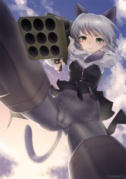 1girl animal_ears ass black_pantyhose blush breasts cameltoe carbon12th cat_ears cat_tail closed_mouth cloud commentary english_commentary evening fat_mons female_focus gluteal_fold grey_hair looking_at_viewer medium_breasts military military_uniform outdoors pantyhose rocket_launcher sanya_v._litvyak short_hair sky solo spread_legs strike_witches striker_unit tail weapon world_witches_series