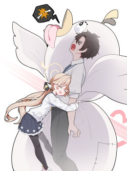 >_< 1boy 1girl absurdres black_pants black_pantyhose blonde_hair blue_archive blue_archive_the_animation blush bone broken_bone closed_eyes collared_shirt commentary_request costume from_side gro_(lee145879) hair_between_eyes hair_ornament hair_ribbon halo heart heart_in_mouth hifumi_(blue_archive) highres hug long_hair long_sleeves low_twintails open_mouth pants pantyhose peroro_(blue_archive) ribbon sensei_(blue_archive) sensei_(blue_archive_the_animation) shirt short_sleeves simple_background skirt sweat twintails white_background white_shirt wing_hair_ornament