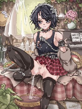 1girl 2026 20s 4mper5and arm_support armlet belt black_eyes black_hair black_shirt black_thighhighs book bookshelf brown_belt brown_hat brown_jacket brown_shoes candle carrot chain choker collarbone cup curtains dated drinking_glass drum fang flower food hairband hat hat_flower instrument jacket jewelry june knife lolita_hairband looking_at_viewer meat multiple_belts no_panties off-shoulder_jacket off_shoulder on_table open_clothes open_jacket original peeing piano pink_flower plaid_clothes plaid_skirt plant plate pubic_hair puddle punk pussy red_skirt sheet_music shirt shoes short_hair sitting skirt spiked_choker spikes sunflower table tablecloth tank_top thighhighs unworn_hat unworn_headwear vase white_flower window yellow_flower