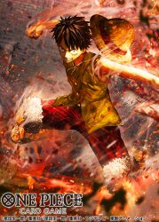 Rule 34 | 1boy, black hair, clenched hand, clenched teeth, commentary request, copyright name, embers, fire, hat, incoming attack, male focus, monkey d. luffy, official art, one piece, one piece card game, otsumami (bu-bu-heaven), red shorts, sandals, scar, scar on face, shirt, short hair, shorts, sleeveless, sleeveless shirt, smoke, solo, straw hat, teeth, yellow shirt