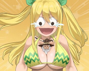 1boy 1girl beard between_breasts bikini blonde_hair breasts brown_hat cleavage colorized crying crying_with_eyes_open elefseria facial_hair fairy_tail gaston18 green_bikini hat highres large_breasts long_hair lucy_heartfilia mini_person miniboy multicolored_bikini open_mouth swimsuit tears two-tone_bikini underboob upper_body wizard_hat yellow_bikini