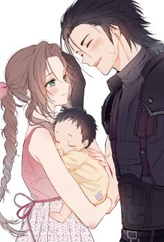 1boy 1girl 1other aerith_gainsborough armor baby bare_shoulders black_hair blush braid braided_ponytail brown_hair carrying carrying_baby carrying_person closed_mouth commentary_request couple crisis_core:_final_fantasy_vii cross_scar dress earrings facial_scar father_and_child final_fantasy final_fantasy_vii from_side green_eyes hair_ribbon hand_on_another's_cheek hand_on_another's_face highres if_they_mated jewelry long_hair looking_at_another mother_and_child okusawa_ritsu open_mouth parted_bangs pink_dress pink_ribbon ponytail ribbed_sweater ribbon scar scar_on_cheek scar_on_face shoulder_armor sleeping sleeveless sleeveless_turtleneck smile spiked_hair stud_earrings suspenders sweater turtleneck turtleneck_sweater upper_body white_background zack_fair