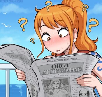 1girl ? afrobull bare_shoulders bird blue_sky blush boat brown_eyes earrings english_text jewelry komane_(one_piece) nami_(one_piece) nefertari_vivi newspaper no_nose ocean one_piece orange_eyes photo_(object) reading rebecca_(one_piece) seagull shirahoshi shoulder_tattoo sky solo sweat tattoo water watercraft