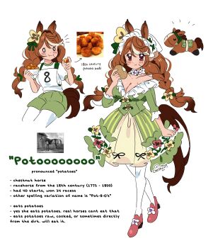 1girl absurdres animal_ears blush braid brown_eyes brown_hair cheshirette closed_mouth commentary english_commentary english_text green_shorts hairband highres holding_potato horse_ears horse_girl horse_tail lolita_hairband long_hair looking_at_viewer low_twin_braids multicolored_hair multiple_views original pantyhose pink_shoes potato potoooooooo_(racehorse) real_life shoes shorts simple_background streaked_hair tail twin_braids umamusume white_background white_pantyhose