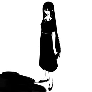 1girl dress greyscale highres kanade_(kanade_3344) long_hair monochrome original pleated_dress puddle short_sleeves simple_background solo standing white_background yahazu_tobira