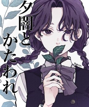 1girl bow bowtie braid commentary_request copyright_name cover cover_page covering_own_mouth floral_background highres holding holding_leaf leaf purple_bow purple_bowtie purple_eyes purple_hair robico signature solo twin_braids upper_body yuuyami_to_kataware