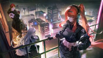 1boy 2girls animal_ears black_gloves black_headband black_pants black_shirt black_shrug breasts city closed_mouth commentary daniel_deng english_commentary fingerless_gloves fox_ears gloves hand_on_own_hip headband headphones jacket large_breasts long_hair midriff multiple_girls navel night night_sky no._21:_feral_(pgr) no._21_(pgr) noctis_(pgr) outdoors pants ponytail punishing:_gray_raven red_hair shirt short_hair shoulder_tattoo shrug_(clothing) sidelocks sitting sky smile tattoo vera_(pgr) very_long_hair white_hair white_jacket