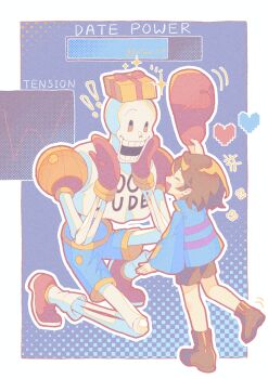 ! !! +++ 1boy 1other ^_^ absurdres alternate_costume baseball_cap blue_background blue_shorts blue_sweater bone border box brown_eyes brown_hair brown_shorts closed_eyes frisk_(undertale) full_body gift gift_box gloves hat heart highres holding holding_unworn_clothes holding_unworn_hat kiriyume object_on_head on_one_knee open_mouth outline outside_border papyrus_(undertale) pixel_heart progress_bar red_gloves red_hat red_shoes shirt shoes short_hair shorts skeleton smile sparkle sweater undertale unworn_hat unworn_headwear utdr_(toby_fox) white_border white_outline white_shirt