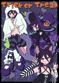 1girl :p bandaged_arm bandages bed_sheet black_border black_bow black_dress black_gloves blue_bow border bow chainsaw_man closed_mouth commentary_request dated dress ghost_costume gloves green_eyes grey_background hair_between_eyes hat high_heels highres jack-o&#039;-lantern looking_at_viewer loose_socks multiple_views naked_sheet neki_(wakiko) outstretched_arm pointing puffy_short_sleeves puffy_sleeves purple_bow purple_hair purple_hat purple_shoes reze_(chainsaw_man) shoes short_sleeves smile socks socks_over_thighhighs striped_clothes striped_thighhighs thighhighs tongue tongue_out trick_or_treat twitter_username white_socks witch_hat