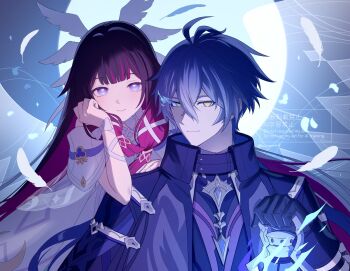 1boy 1girl antenna_hair black_capelet black_coat black_gloves black_hair blue_hair bow capelet closed_mouth coat collared_capelet columbina_(genshin_impact) commentary_request crossed_bangs dress falling_feathers feathers flaming_eye flins_(genshin_impact) genshin_impact gloves hair_between_eyes hair_ribbon hand_on_another's_shoulder hand_on_own_cheek hand_on_own_face head_wings highres holding holding_lantern lantern long_hair long_sleeves looking_at_viewer multicolored_hair purple_eyes purple_hair ribbon smile twitter_username two-tone_hair umoumohl upper_body watermark white_bow white_dress white_feathers white_ribbon white_wings wings wrist_bow yellow_eyes