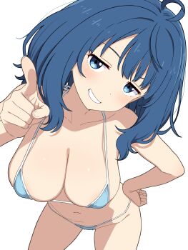 1girl bikini blue_bikini blue_eyes blue_hair breasts from_above grin groin half-closed_eyes hand_on_own_hip highres index_finger_raised large_breasts legs looking_at_viewer make_heroine_ga_oo_sugiru! medium_hair navel pointing pointing_at_viewer seductive_gaze seductive_smile sideboob simple_background smile solo stomach swimsuit thighs tobari_(artist) white_background yanami_anna