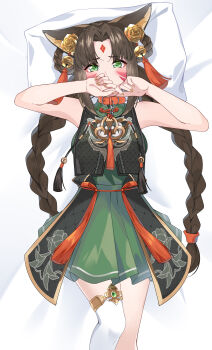 Rule 34 | 1girl, absurdres, animal collar, animal ears, bare arms, bell, blush, braid, breasts, brown hair, cat ears, cat girl, character request, collar, commentary request, covering own mouth, cowboy shot, dress, facial mark, forehead mark, green dress, green eyes, hand over own mouth, hands up, head on pillow, highres, jingle bell, kolimiya, long hair, looking at viewer, lying, medium breasts, on back, onmyoji arena, parted bangs, pillow, single thighhigh, sleeveless, sleeveless dress, solo, thighhighs, twin braids, white background, white thighhighs