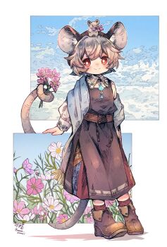 1girl animal animal_ears animal_on_head black_dress blush boots bright_pupils brown_boots closed_mouth collared_shirt commentary_request day double-parted_bangs dress flower full_body grey_hair highres jewelry long_sleeves looking_at_viewer mame_komari mouse_(animal) mouse_ears mouse_girl mouse_tail nazrin necklace on_head outdoors pinafore_dress red_eyes red_socks shirt short_hair simple_background sleeveless sleeveless_dress smile socks solo standing tail thick_eyebrows touhou twitter_username white_background white_pupils white_shirt