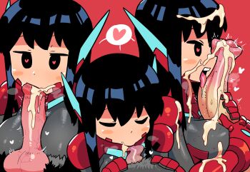1girl :&gt;= animal_penis asta_rindo_(rariatto) bestiality black_bodysuit black_eyes black_hair blush_stickers bodysuit breasts closed_eyes covered_erect_nipples cum cum_in_mouth cum_on_body cum_on_clothes cum_on_hair dog_penis facejob facial fellatio heart heart-shaped_pupils highres horse_penis jitome knotted_penis large_penis licking licking_penis long_hair looking_at_penis medium_breasts oral original paizuri penis penis_awe penis_on_face penis_size_difference pig_penis rariatto_(ganguri) red_background robot_ears spoken_heart symbol-shaped_pupils tongue tongue_out uncensored veins veiny_penis