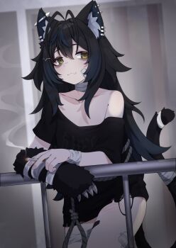 1girl absurdres animal_ears bags_under_eyes bandages black_hair black_shirt blue_hair cat_ears cat_girl cat_tail cigarette commentary cowboy_shot gloomi_x highres holding holding_cigarette indie_virtual_youtuber long_hair multicolored_hair noose rope rope_belt scar scar_on_leg shirt t-shirt tail two-tone_hair untranslatable_commentary valefal_coneri virtual_youtuber yellow_eyes