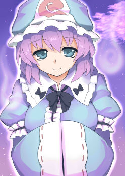 Rule 34 | 1girl, absurdres, black bow, black bowtie, blue eyes, blue hat, blue kimono, bow, bowtie, breasts, cherry blossoms, closed mouth, commentary, frilled kimono, frills, hands in opposite sleeves, hat, highres, hitodama, japanese clothes, kimono, large breasts, long sleeves, looking at viewer, mob cap, oninamako, pink hair, saigyouji yuyuko, shirt, sleeve garter, smile, solo, touhou, triangular headpiece, wide sleeves