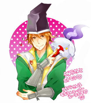 Rule 34 | armor, brown eyes, brown hair, fan, folding fan, gen 5 pokemon, hand fan, hat, heart, japanese clothes, japanese text, kimono, litwick, nintendo, npc trainer, on shoulder, pokemon, pokemon (creature), pokemon conquest, pokemon on shoulder, smile, vambraces