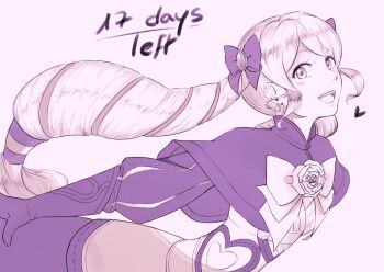 1girl armor blush bow commentary countdown dress drill_hair earrings elise_(fire_emblem) female_focus fire_emblem fire_emblem_fates flower gloves hair_bow hair_ornament hair_ribbon heart jewelry lithety long_hair looking_at_viewer monochrome nintendo open_mouth ribbon rose smile solo teeth text_focus twin_drills twintails very_long_hair
