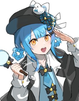 1girl :d absurdres aimermermer black_capelet black_hat blue_hair blue_necktie blunt_bangs braid braided_hair_rings capelet collared_shirt commentary_request detective hair_rings hands_up hat highres holding holding_magnifying_glass long_sleeves looking_at_viewer magical_girl magnifying_glass mahou_shoujo_no_majo_saiban necktie open_mouth salute shirt short_hair simple_background smile solo tachibana_sherry upper_body vest white_background white_shirt yellow_eyes