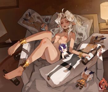 1girl alcohol barefoot breasts cup dakimakura_(object) drinking_glass empty_bottle feet highres jewelry medium_breasts nail_polish nude original pillow pointy_ears solo stuffed_toy toenail_polish toenails toes wine wine_glass yeougui