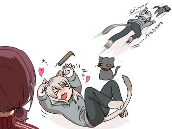 Rule 34 | > <, 2girls, animal ears, ayataka syumimi, black pants, brown hair, cat, cat day, cat ears, cat girl, cat tail, commentary, feral instincts, girls band cry, grey hair, grey hoodie, highres, hood, hood down, hoodie, iseri nina, kawaragi momoka, kemonomimi mode, long hair, low twintails, multicolored hair, multiple girls, pants, roots (hair), short hair, short twintails, tail, translation request, twintails
