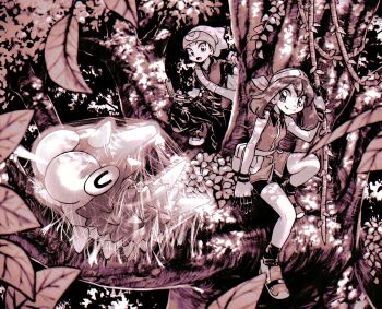 1boy 1girl bandana beanie bike_shorts black_pants black_shorts brendan_(pokemon) bug caterpillar closed_eyes cocoon collared_shirt encasement fang fang_out fanny_pack forest funabara_(sksn_herb) gen_3_pokemon gloves hat highres holding_pokedex horns in_tree larva leaf looking_at_another may_(pokemon) monochrome nature nintendo open_mouth outdoors pants plant pokedex pokemon pokemon_(creature) pokemon_adventures shirt short_hair shorts silk single_horn sitting sitting_in_tree sleeveless sleeveless_shirt smile tree u_u vines white_gloves white_hat wurmple