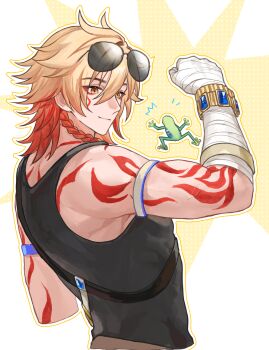 Rule 34 | 1boy, arm tattoo, armband, back tattoo, bandaged hand, bandages, blonde hair, bracelet, braid, chinese commentary, commentary request, eyewear on head, facial tattoo, frog, gold bracelet, gradient hair, grey armband, highres, honkai: star rail, honkai (series), jewelry, male focus, medium hair, multicolored hair, mydei (honkai: star rail), qsbtan90, red hair, red tattoo, side braid, solo, sunglasses, tattoo, yellow eyes