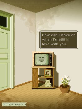 crt daisy_(flower) dial_television dirty door english_text flower heart highres no_humans onlypixeeels original photo_(object) pixel_art plant potted_plant scenery static stuffed_animal stuffed_toy teddy_bear wooden_floor