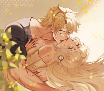 1boy 1girl absurdres artist_name bare_shoulders black_shirt blonde_hair blue_eyes breasts by_nearreya collarbone commentary dress english_commentary genshin_impact hetero highres hug kiss kissing_neck long_hair medium_breasts muscular muscular_male nicole_reeyn scar scar_on_face shirt short_hair short_sleeves tongue upper_body varka_(genshin_impact) very_long_hair yellow_dress