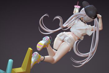 1girl 3d blender_(medium) ckb drink drinking_straw from_behind full_body hat highres mignon shorts tank_top thigh_strap twintails