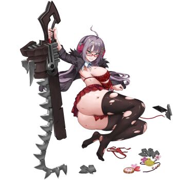 1girl ahoge aqua_eyes ass black_jacket black_thighhighs blush bra bracelet breasts broken broken_phone broken_screen broken_weapon bruise bruise_on_arm bruise_on_chest chainsaw charm_(object) checkered_clothes checkered_skirt clenched_teeth collared_shirt donut flower food frog full_body fur-trimmed_jacket fur_trim glasses hair_ornament hairclip haru_estia headphones heart highres holding holding_sword holding_weapon huge_ass injury jacket jewelry lace lace-trimmed_bra lace-trimmed_panties lace_bra lace_panties lace_trim large_breasts last_origin long_hair looking_at_viewer lying micro_panties miniskirt non-web_source official_alternate_costume official_alternate_eye_color official_alternate_hair_color official_alternate_hair_length official_alternate_hairstyle official_art on_side open_clothes open_jacket panties pink_flower pleated_skirt purple_hair rectangular_eyewear red-framed_eyewear red_bra red_panties red_skirt shirt sideboob simple_background skirt solo soulworker sword tachi-e tearing_up teeth thick_thighs thighhighs thighs torn_clothes torn_panties torn_shirt torn_thighhighs transparent_background u-rix underboob underwear unworn_panties v-shaped_eyebrows weapon white_shirt