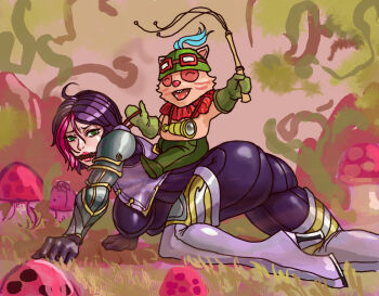 1girl all_fours armor ass fiora_(league_of_legends) from_behind gag gauntlets green_eyes league_of_legends multicolored_hair pants purple_hair red_hair short_hair shoulder_armor skin_tight smile pauldrons teemo tight_clothes tight_pants yordle