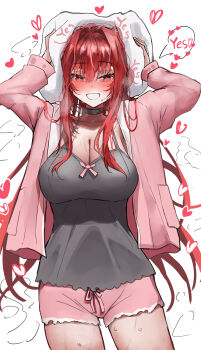 1girl absurdres arms_up babydoll blush breasts choker cleavage collarbone cowboy_shot goddess_of_victory:_nikke highres iwazaki jacket large_breasts long_hair matching_hair/eyes open_mouth pillow pink_jacket pink_shorts rapi_(nikke) rapi_(red_hood)_(cherished_red)_(nikke) rapi_(red_hood)_(nikke) red_eyes red_hair shorts smile solo speech_bubble standing steaming_body sweat wet wet_hair yes-no_pillow