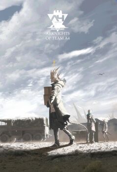 12f_(arknights) 1girl 2boys ? absurdres anger_vein arknights black_coat black_pants blonde_hair blue_sky box cardboard_box cloud coat commentary demon_horns drone facing_away flying_sweatdrops full_body furry furry_male gravel highres holding holding_box hood hooded_coat horns long_sleeves mountainous_horizon multiple_boys noir_corne_(arknights) pants pointing prezonya46 rhodes_island_logo_(arknights) scales sheath sheathed shirt single_horn sky sword vehicle_request walking weapon white_shirt yato_(arknights)