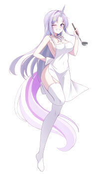 Rule 34 | 1girl, absurdres, apron, arm behind back, ayatsuno yuni, breasts, cleavage, commentary request, covered navel, crosshair pupils, flower, forehead, full body, grin, hand up, highres, holding, holding ladle, horns, korean commentary, ladle, large breasts, leg up, long hair, naked apron, no shoes, one eye closed, purple eyes, purple hair, simple background, single horn, smile, solo, standing, standing on one leg, stellive, tail, thighhighs, unicorn horn, virtual youtuber, white apron, white background, white thighhighs, yt9676